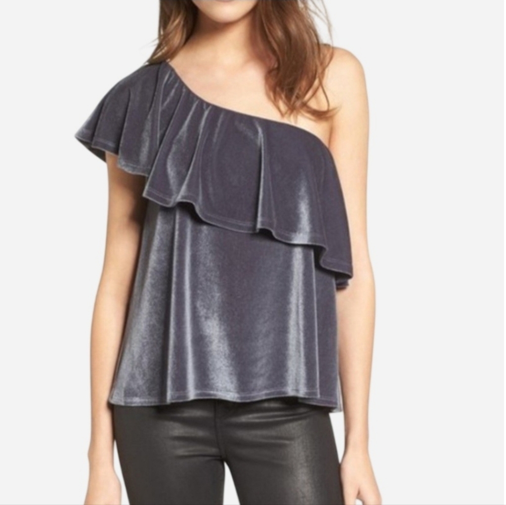 Gray Velvet One Shoulder Flounce Top